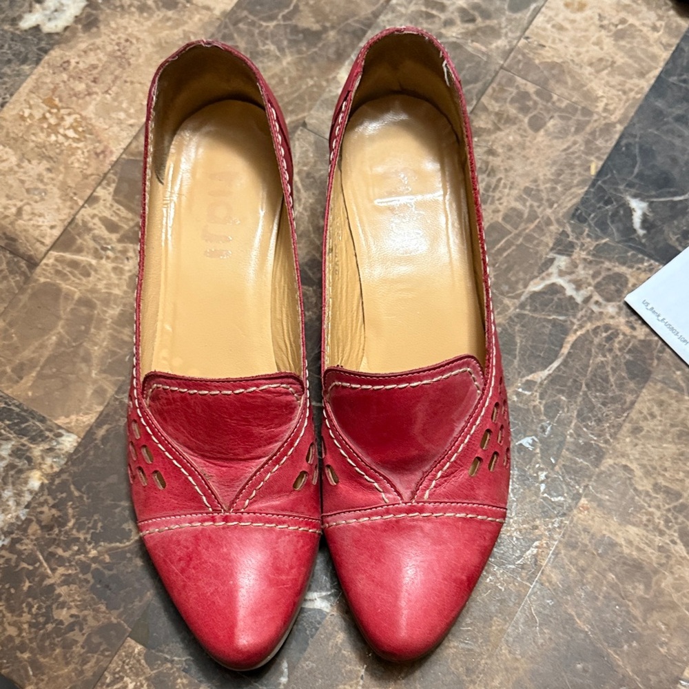 Women's Red Leather Pointed Loafer Heels